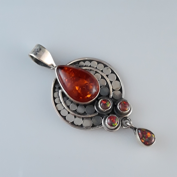 Amber and Fire Opal Silver Pendant - Picture 8 of 10